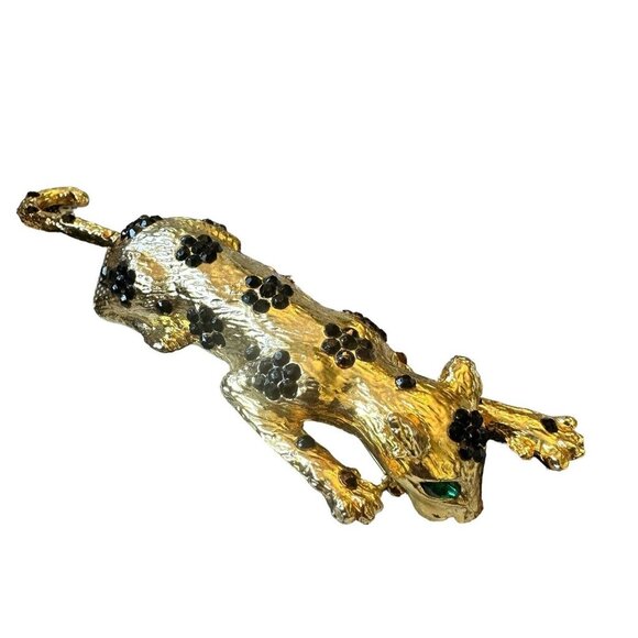 VTG Leopard‎ Brooch Pin 5" Black Rhinestone Flowers Green Eyes Articulating READ - Picture 2 of 8